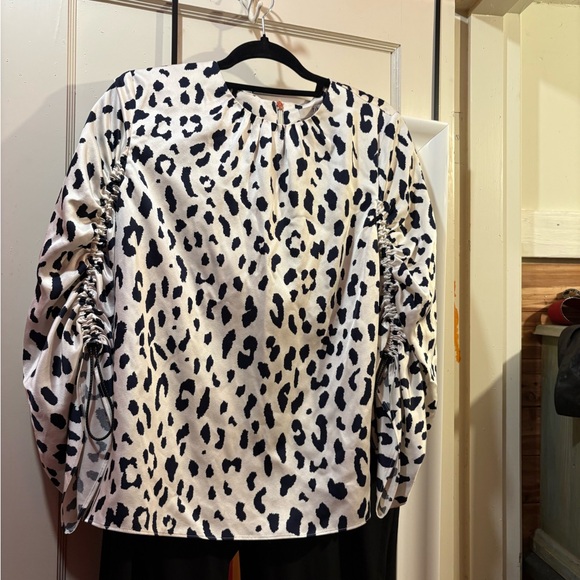 Tibi 100% silk leopard print Black and White blouse ruched drawstring sleeves 4 - Picture 4 of 8